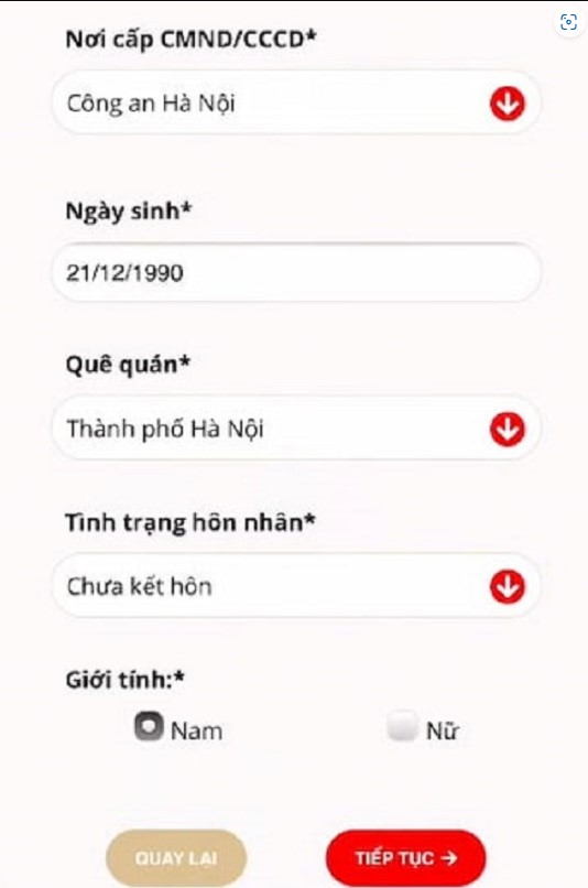 Điền thông tin cá nhân người vay 
